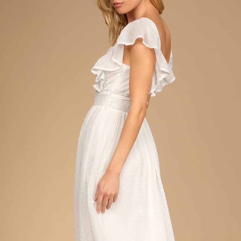 Little Love White Swiss Dot Apron-Front Backless Maxi Dress